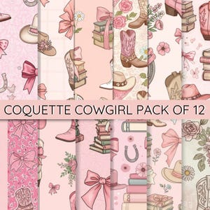 Könnte beinhalten: Eine Sammlung von 12 digitalen Papieren mit einem Coquette-Cowgirl-Thema. Die Designs zeigen rosa Cowboystiefel, Hüte, Schleifen, Bücher und florale Elemente. Der Text "COQUETTE COWGIRL PACK OF 12" ist zu sehen.