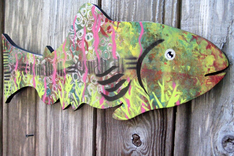 Whimsical Primitive HandPainted Fish Colorful Folk Art Outsider Art Wall Decor Garden Decor by Laurie Cesario image 1
