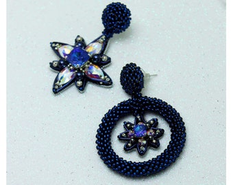 Mismatched  earrings, Blue night beaded earrings, statement seed bead, oscar de la renta, earrings hoops, oscar earrings,  o style