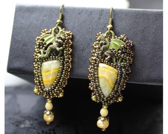 Dragon Earrings, bumblebee stone,  mystic earrings, bronze earrings, symbolic jewelry, Boho Jewelery, Wiccan Pagan, fantasy earrings