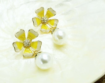 Yellow flower earrings, romantic jewelry, statement earrings, pearl drops, swarovski crysrals, filigree earrings, summer jewelry