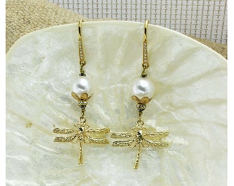 Filigree earrings, Golden dragonfly, romantic jewelry, long drop earrings, swarovski pearl drops, sterling silver, dragonfly