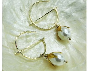 Hoop earrings, romantic jewelry, long drop earrings, natural pearl drops,  tiny swarovski crysrals, Gold color earrings, summer jewelry