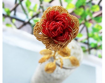 Golden rose, Beaded rose, valentine's day rose, gold flower, home decor, gift for her, red rose, artificial flowers, and eternal rose