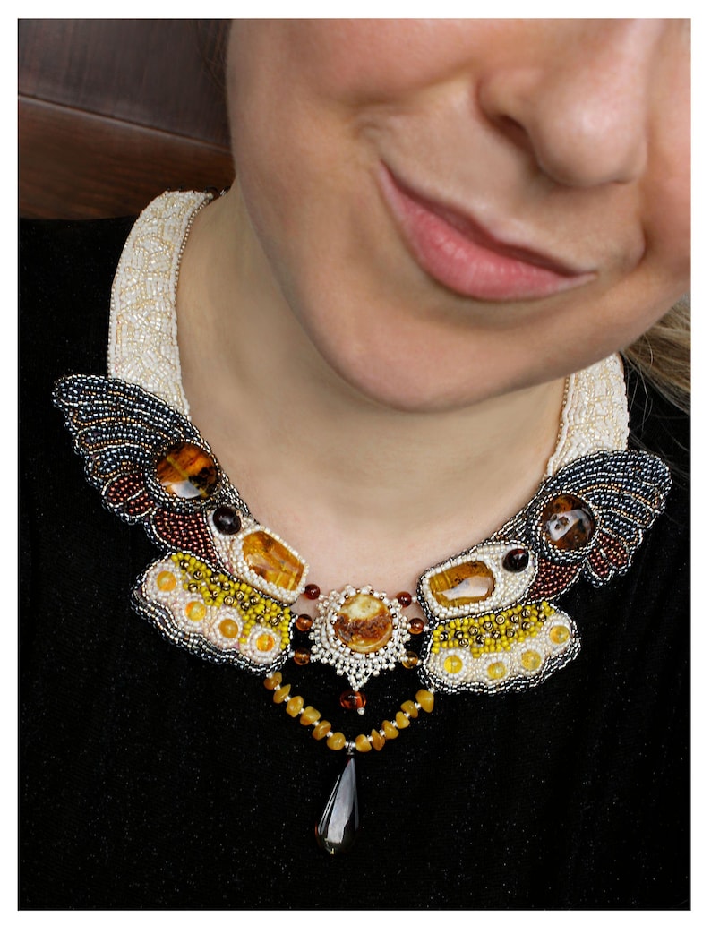 Baltic amber butterfly necklace, beaded necklace, romantic beadworks, fashion gift, statement collar, handmade , genuine baltic image 2