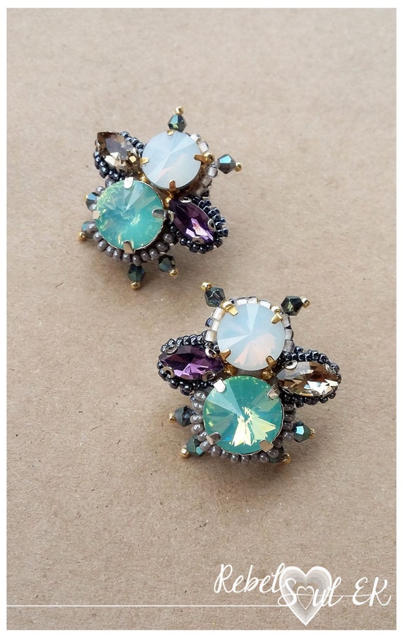 Green Opal Crystal Beetle Stud Earrings, Multicolor Boho Jewelry