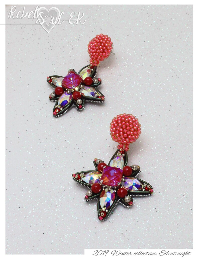 Dangle stud earrings, fuchsia beaded earrings, statement seed bead