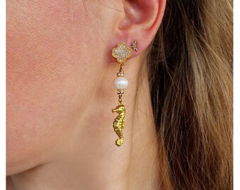 Filigree earrings, Golden sea horses, romantic jewelry, long drop earrings, swarovski pearl drops, sterling silver, seahorse