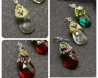 Glass drop earrings, summer earrings, green dangle, teardrop earrings, brown earrings, lightweight beaded earrings, earrings flower