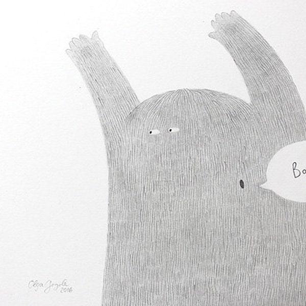 Monster art Boo Halloween gift Comical illustration Funny gift Funny wall art Droll art Drall gift Gift for friend Gray wall art Funny gift