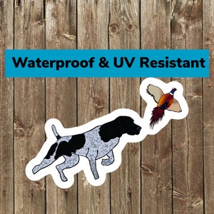 May include: A black and white German Shorthaired Pointer dog sticker with a pheasant sticker flying above it. The stickers are on a wood background. The text "Waterproof & UV Resistant" is at the top of the image.