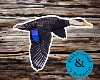 May include: A black and white duck with a blue and purple wing patch is flying. The duck is in front of a wooden background. The image also includes a blue circle with the text "Waterproof & UV Resistant".