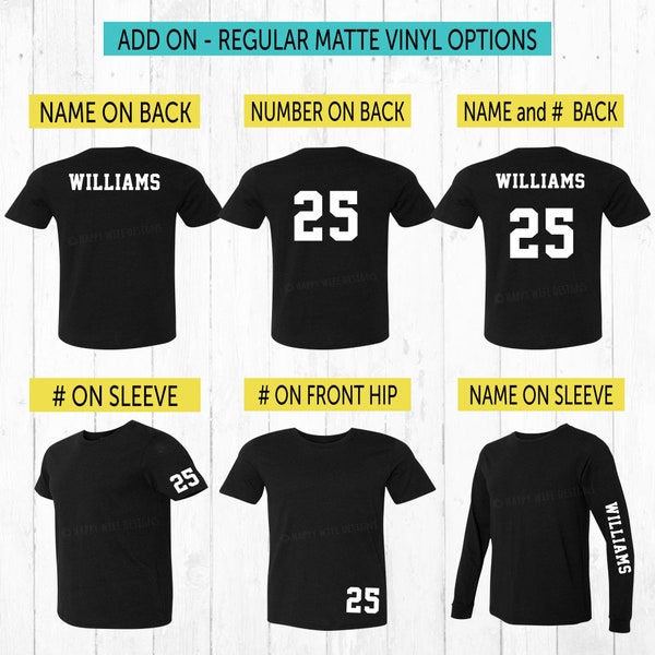 Name and Number Add Ons, Plain or Glitter Number Back of Shirt, Add Numbers on back of shirt, Glitter Add on, Plain Add-On, Shirt Add Ons