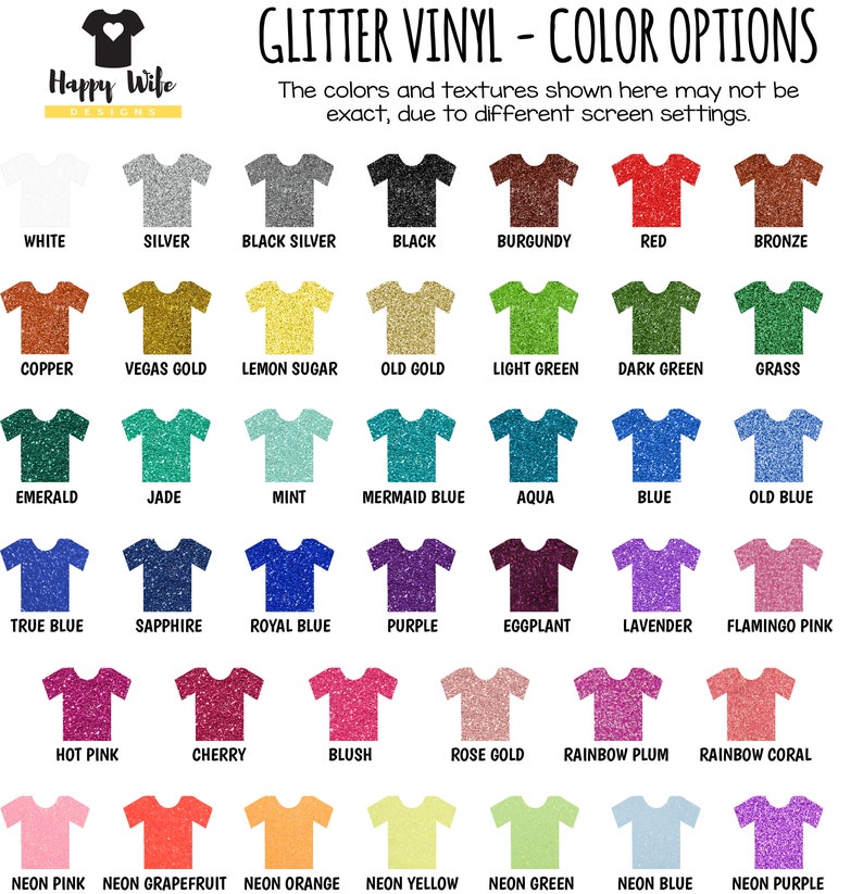 May include: A chart of 36 different glitter vinyl colors, displayed on a white background. Each color is shown on a small t-shirt shape. The colors include white, silver, black, red, green, blue, purple, pink, yellow, orange, and more.
