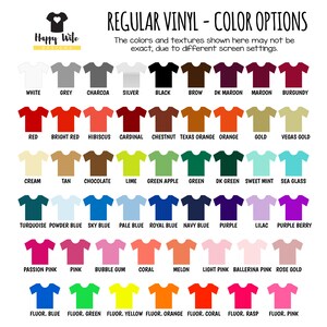 May include: A chart of 48 different color options for vinyl, displayed as t-shirts. The colors are arranged in rows and labeled with their names, such as white, grey, charcoal, silver, black, brown, dark maroon, maroon, burgundy, red, bright red, hibiscus, cardinal, chestnut, Texas orange, orange, gold, Vegas gold, cream, tan, chocolate, lime, green apple, green, dark green, sweet mint, sea glass, turquoise, powder blue, sky blue, pale blue, royal blue, navy blue, purple, lilac, purple berry, passion pink, pink, bubble gum, coral, melon, light pink, ballerina pink, rose gold, fluor. blue, fluor. green, fluor. yellow, fluor. orange, fluor. coral, fluor. rasp, fluor. pink.