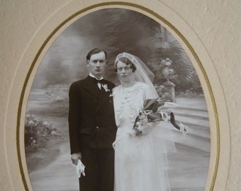 Vintage 1930s French Wedding Photo, Oval Black and White Portrait