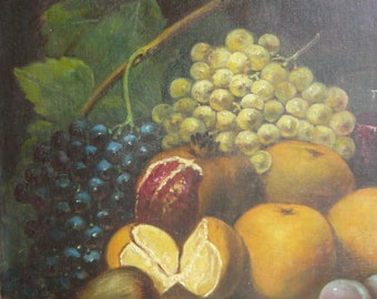 White Black Grapes Orange Still Life Fruits Oil Painting Plum Fig Red Wine Glass 1930 French Signed Wall Art Kitchen Dining Room Wall Decor