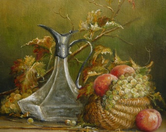 Glass Ewer Basket of Grapes Peach Still Life Oil Painting on Canvas Ear of Corn Signed Painting French Lifestyle Art of Receiving Welcoming
