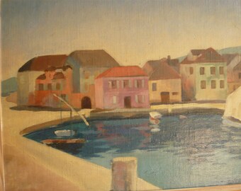 Mediterranean Harbor Oil Painting on Panel Sailboat Pink Blue Fishermen's Houses 1930th Wall Art Signed VERAGUTH Beach House Nautical Decor