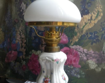 Antique French Porcelain Oil Lamp, Hand-Painted Floral Milk Glass Shade