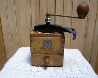 Vintage Peugeot Coffee Grinder: 1940s Natural Wood, Blue Enamel