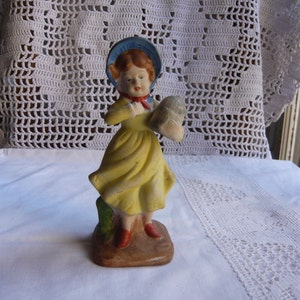 Porcelain biscuit figurine little parisian girl with yellow dress blue hat red shoes collectible 1920 made in France