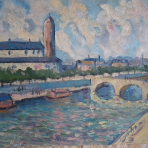 Oil painting river Seine Paris GEN 1948 working suburb industrial landscape manufactories chimneys silo public baths on the river France