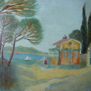 Oil painting  Provence landscape on wooden panel mediterranean sea  view France Côte d'Azur provencal house 1950 signed C.Sidler home decor