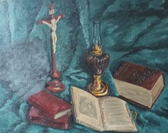 Oil Lamp Lightning Crucifix Holy Books Still Live Painting on a Blue Satin Fabric with a Pleated Effect by French Painter  ML.GUINOT 1964