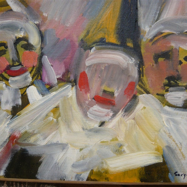 Huile sur toile signée SERGE DELAVEAU trois clowns en Pierrot circa 1970-1980 peinture huile sur toile clown blanc Pierrot lunaire cirque.