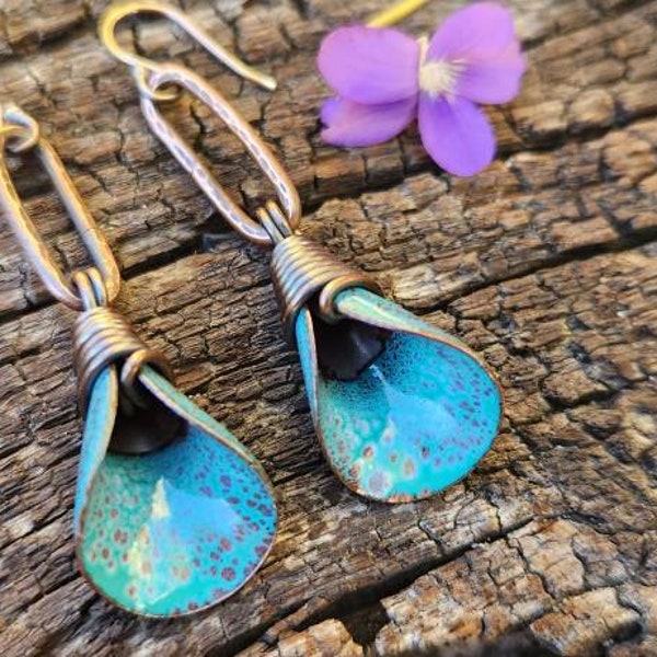 Turquoise and mocha torch enamel calla lily bell dangle earrings