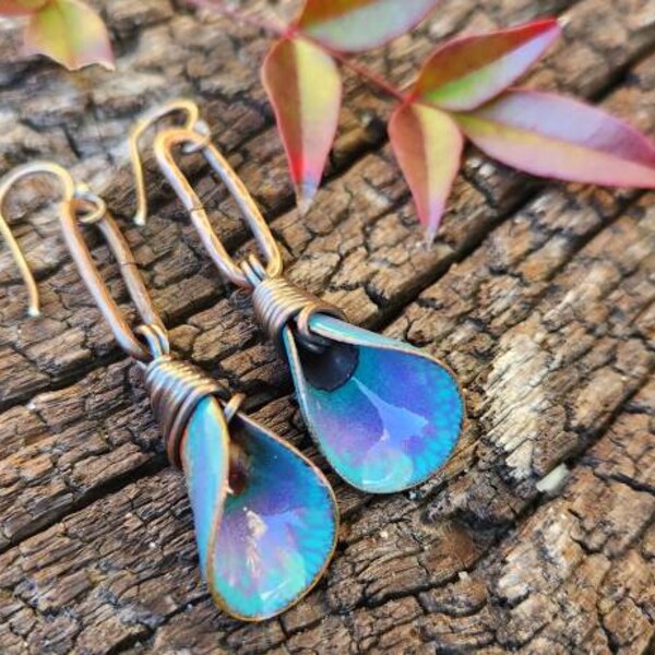 Turquoise and purple torch enamel calla lily bell dangle earrings