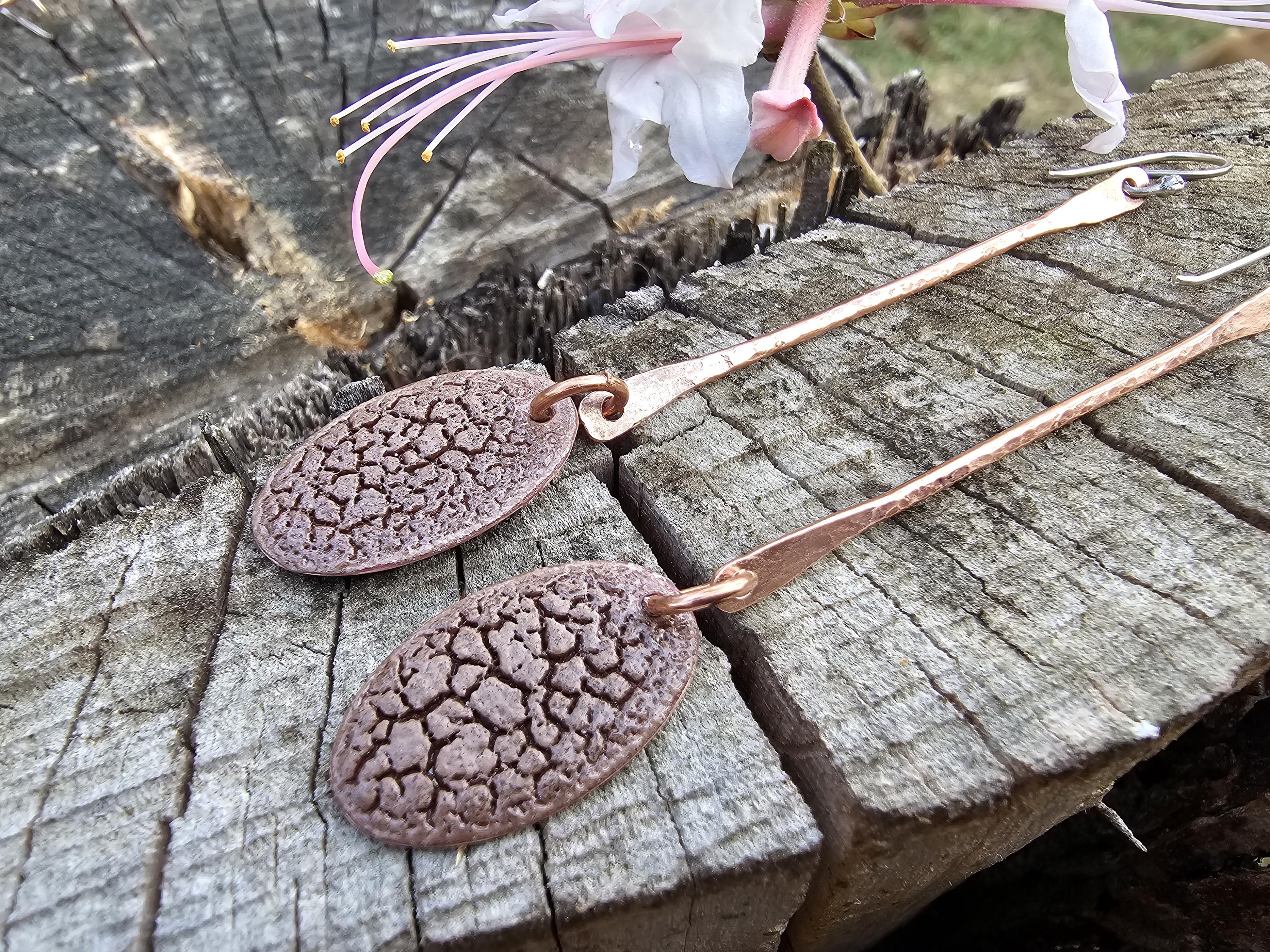 Long dangle copper bar and vitreous enamel crackle earrings mocha