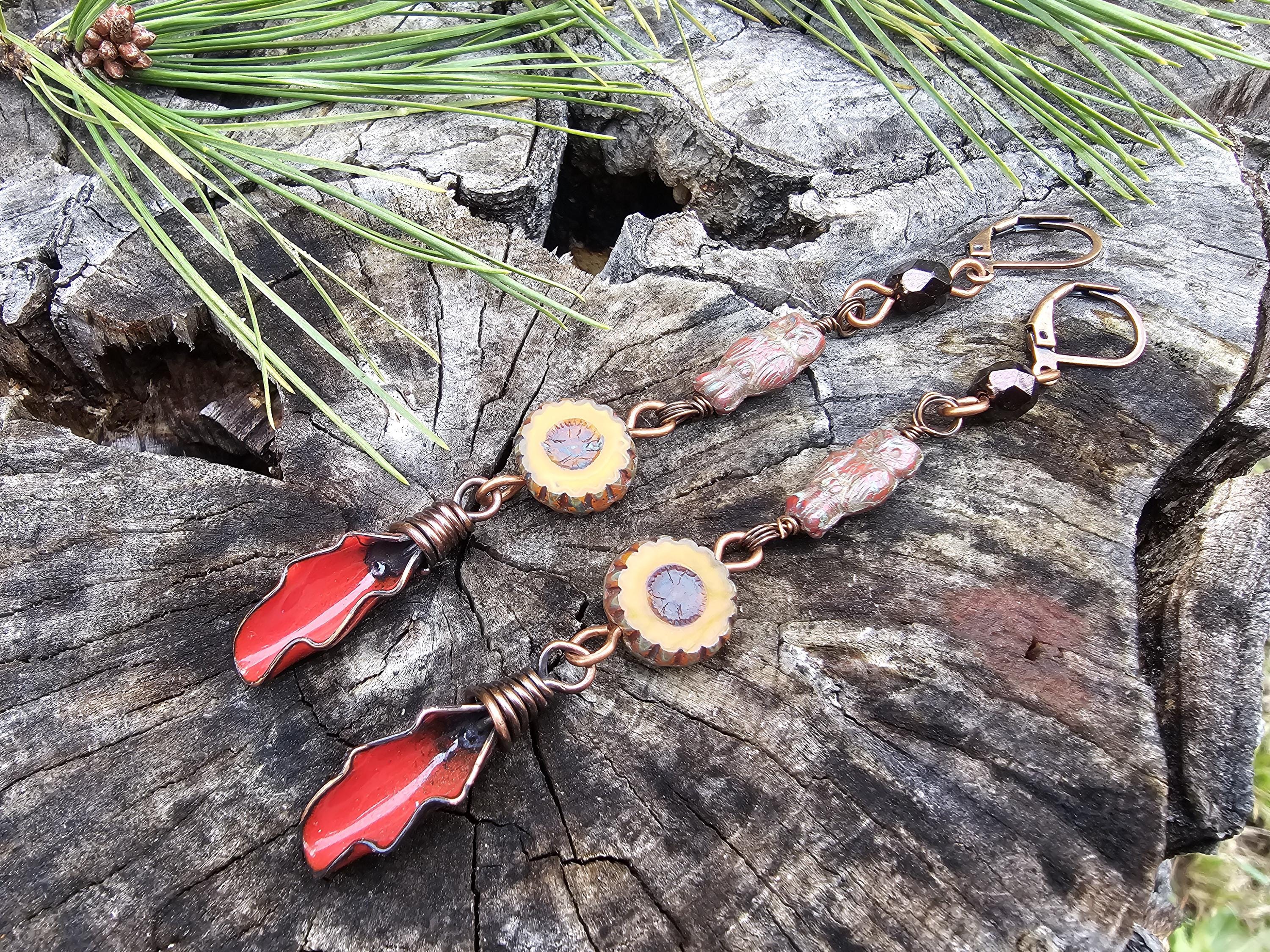 Flame red torch enamel with owl Czech bead long leaf boho dangle earrings