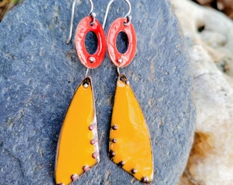 Orange marigold and tomato red vitreous enamel copper dangle earrings