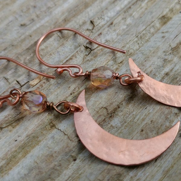 Copper Crescent Moon Dangle Earrings with faceted glass beads
