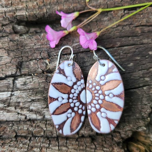 Torch fired white enamel copper dangle earrings mandala sunflower daisy boho hippie