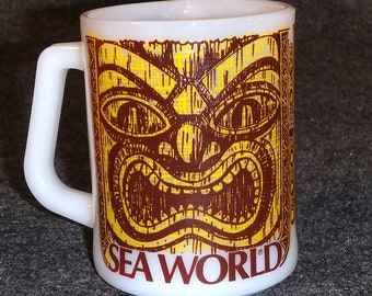 Sea World Souvenir Cup - Tiki Face Image on Both Sides - Vintage Federal Glass