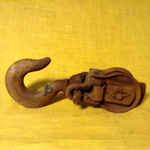 Large Unusual Swivel Hook and Pulley - One Piece Unit - Roller May Ride Rail or Trolley - Latch on Side Opens - Heavy, Iron, Rusty Decor