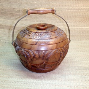 Hand Carved Wood Bowl Box With Lid And Handle- Vintage Round Box, Trinkets, Jewelry, Change,