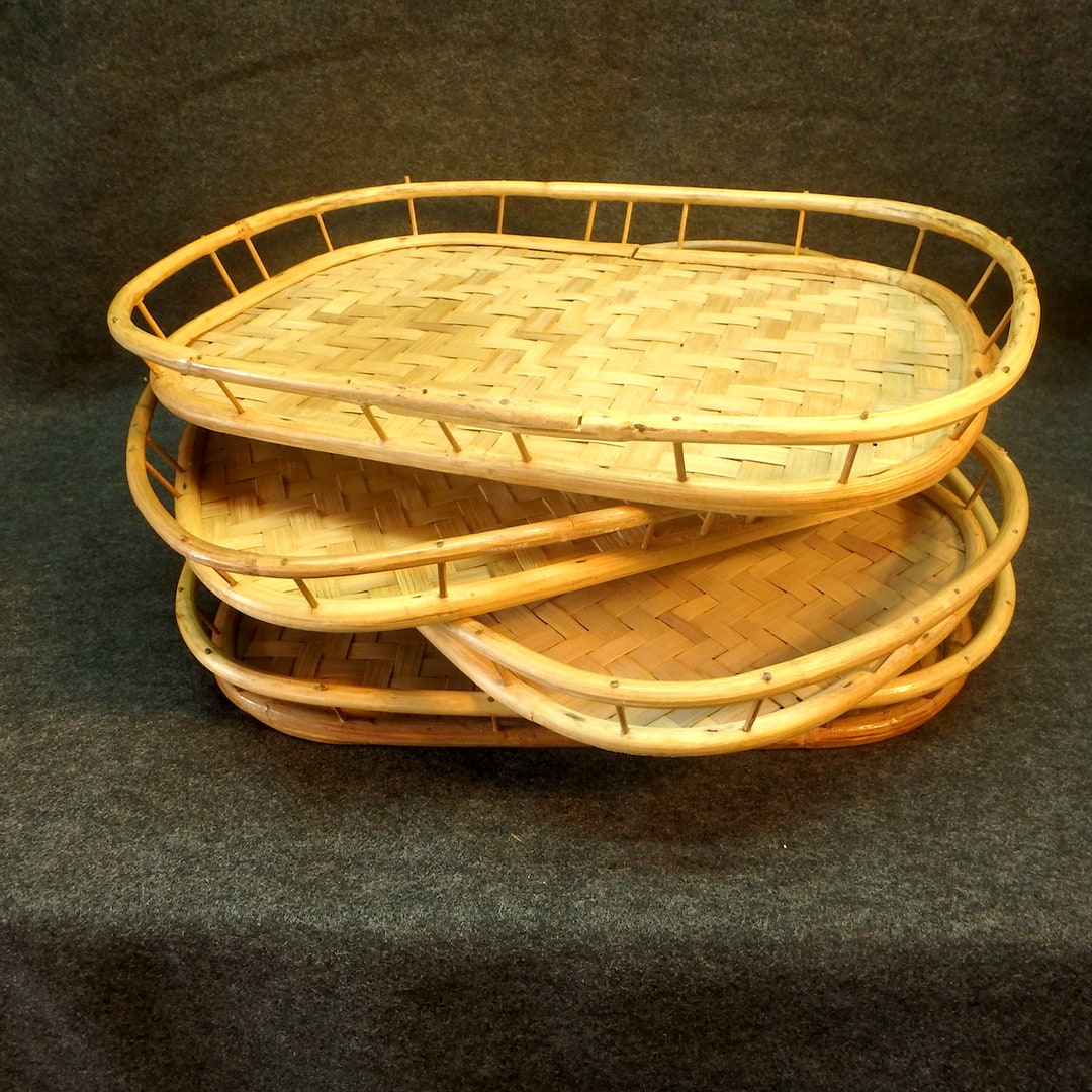 Vintage Woven Bamboo Serving Trays Set of 4 Rattan Wicker Tiki Bar