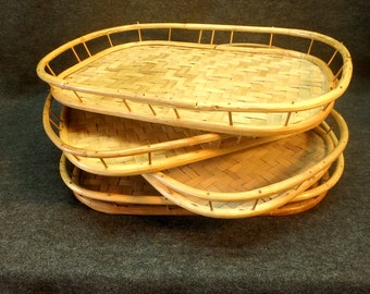 Vintage Woven Bamboo Serving Trays - Set of 4  - Rattan - Wicker - Tiki Bar Trays -