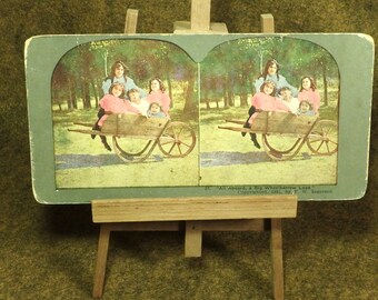 Stereoscope Card - Children In A Vintage Wooden Wheelbarrow - Nice to Frame and Display -