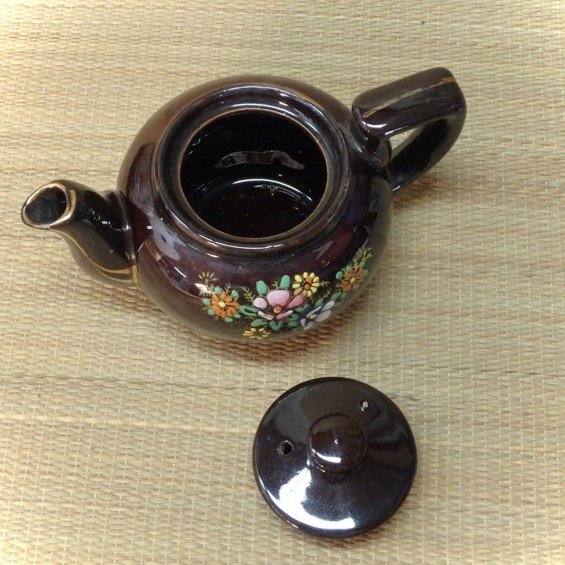 Made in Japan Vintage Teapot Brown Ceramic with Moriage Hand Painted Design