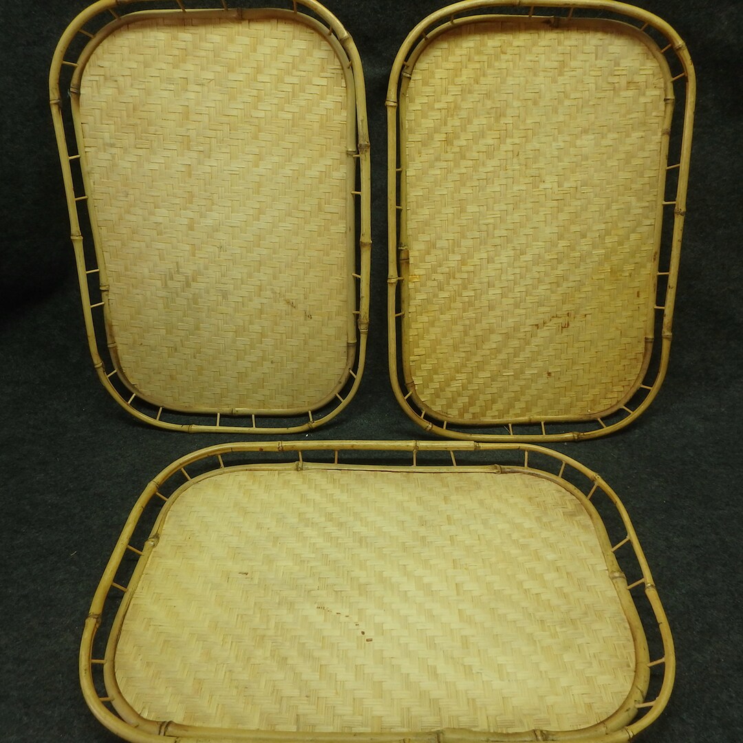 Vintage Woven Bamboo Serving Trays Set of 3 three Rattan Etsy