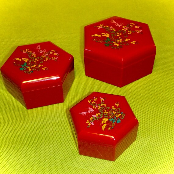 Oriental Floral Nesting Boxes Set Of 3 Hexagon Shape Etsy