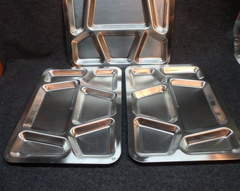 3 Vintage USN Mess Trays - Carrollton Six Sectioned Metal Food Trays