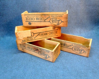 4 Vintage Wooden Cream Cheese Boxes, Lion Brand, Box Joint Corners Columbia Cheese Company.