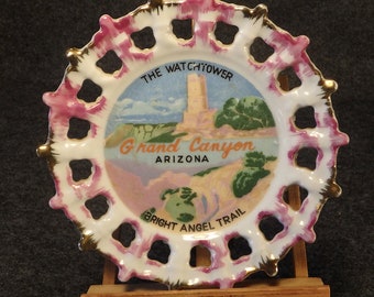 Grand Canyon Souvenir Dish with Fred Harvey Sticker - The Watchtower - Bright Angel Trail