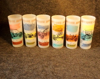Vintage Tall Frosted Glasses, Great Pastel Colors - Great Antique Car Themed Bar Ware
